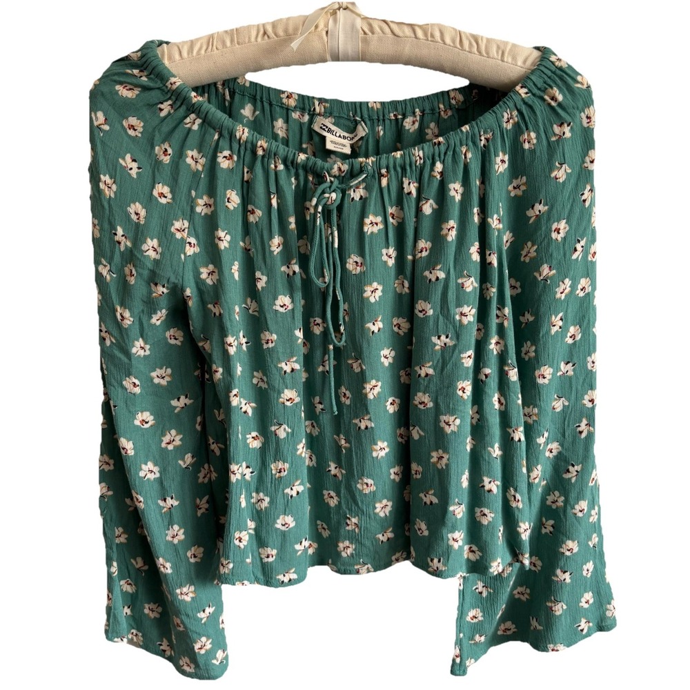 Billabong Off the Shoulder Green Floral Crop Top Women's Size S Milkmaid Cottage